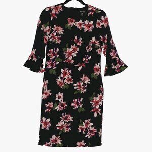 Nine West Women's Floral Sheath Dress Ruffle 3/4 Lined Sleeves Size 2 Black Pink